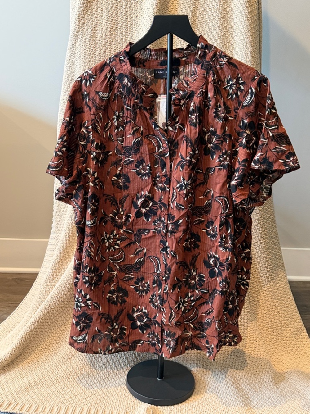 Lane Bryant Rust Brown Floral Ruffle Button Blouse